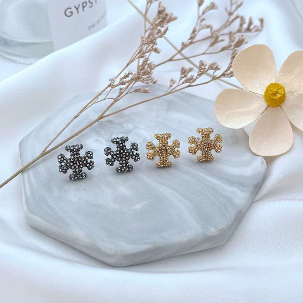 Tory Burch Pave Diamond Letter Metal Earrings